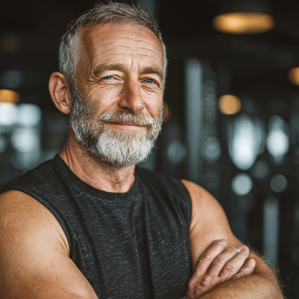 Confident mature man in his 50s after completing a workout session, showing satisfaction and accomplishment in a professional fitness environment