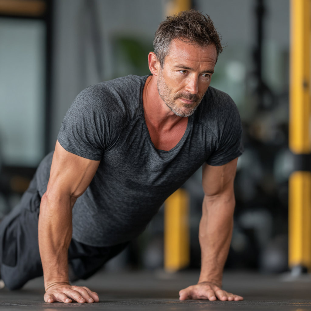Mature athletic man in his 40s performing functional fitness exercises in a modern gym setting, demonstrating proper form and strength training techniques